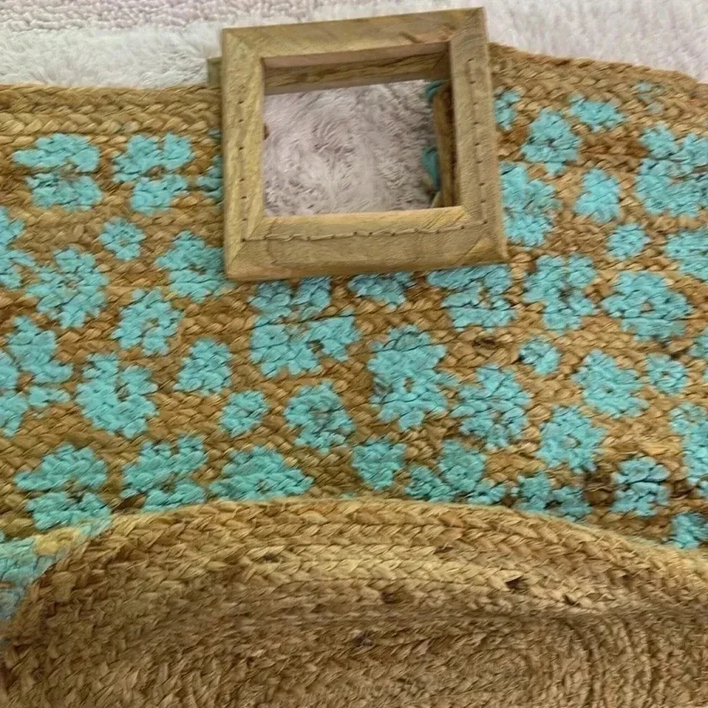 Twig & Arrow Boho Woven Jute Hand Painted Turquoise Flower Tote Beach Bag
